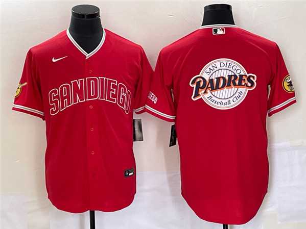 Men%27s San Diego Padres Red Team Big Logo Cool Base With Patch Stitched Baseball Jersey